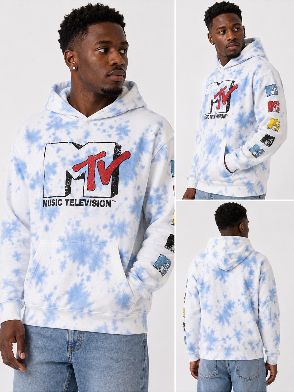 MTV Music Television Hoodie L Blue White Tie Dye Graphic Logo Pullover